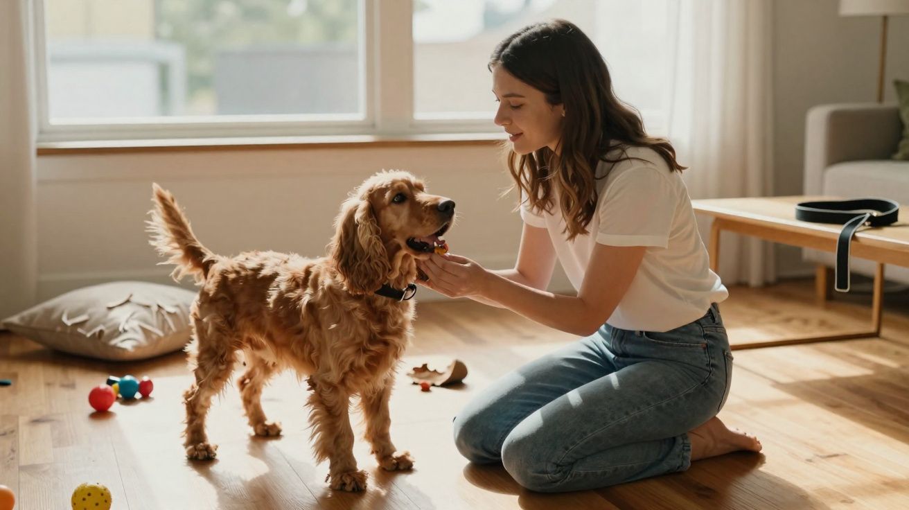 Mulher ajoelhada a brincar e a fazer carinho num cão castanho dentro de casa iluminada.