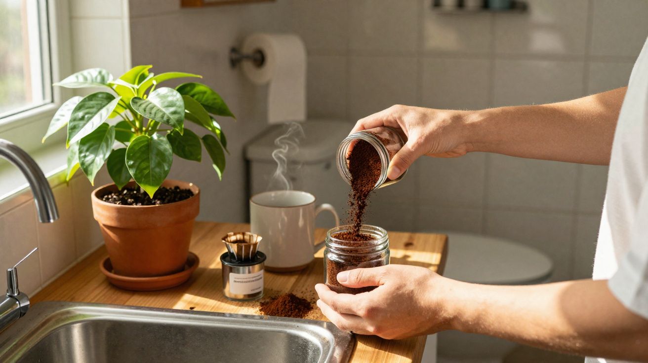 Pessoa a verter café moído num frasco de vidro em cozinha com planta, caneca quente e luz natural pela janela.