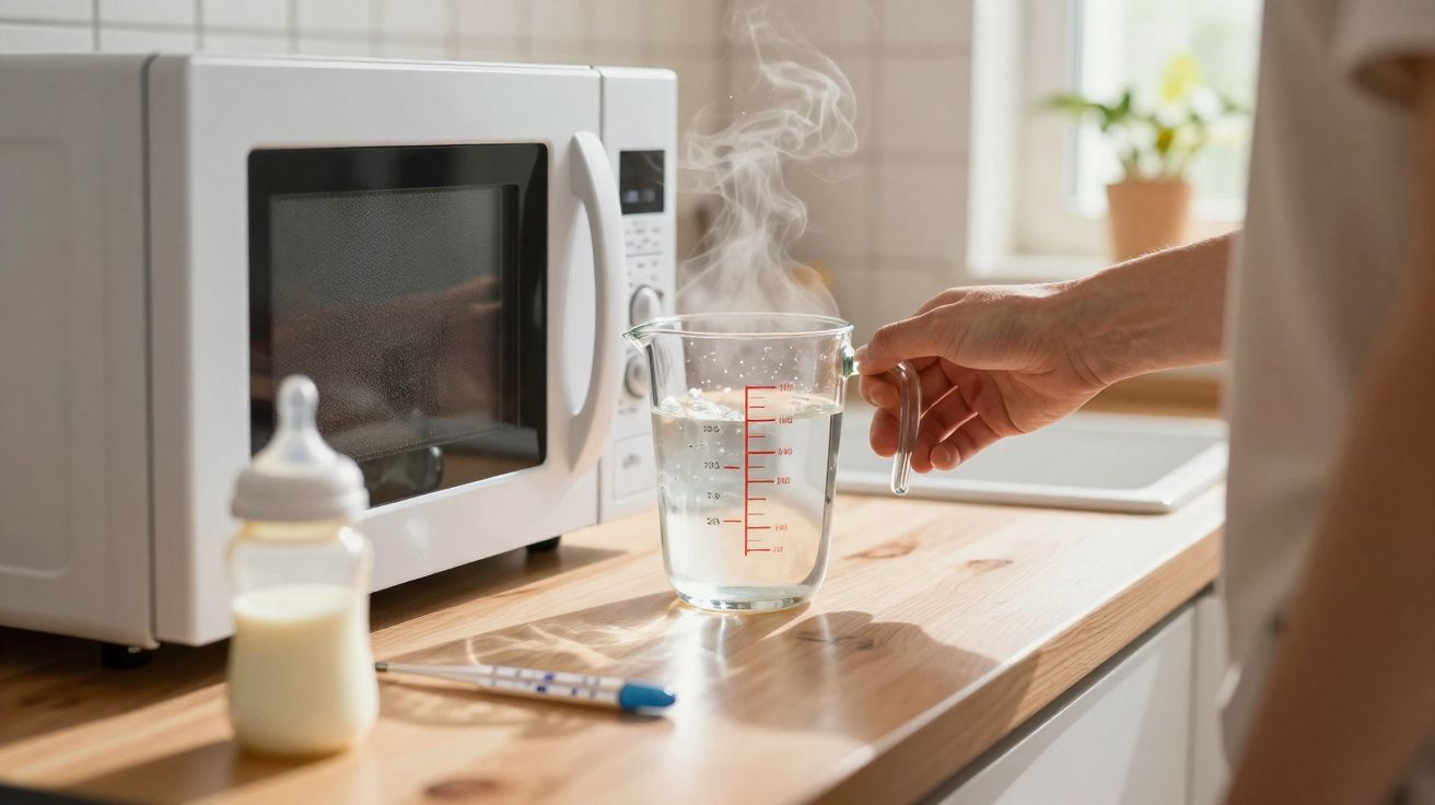 Mão a segurar jarro com água quente a vapor perto de micro-ondas, biberão e termómetro digital numa cozinha.