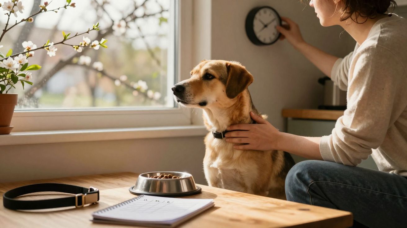 Pessoa sentada junto a cão com comedouro, trela e caderno num ambiente iluminado pela janela.