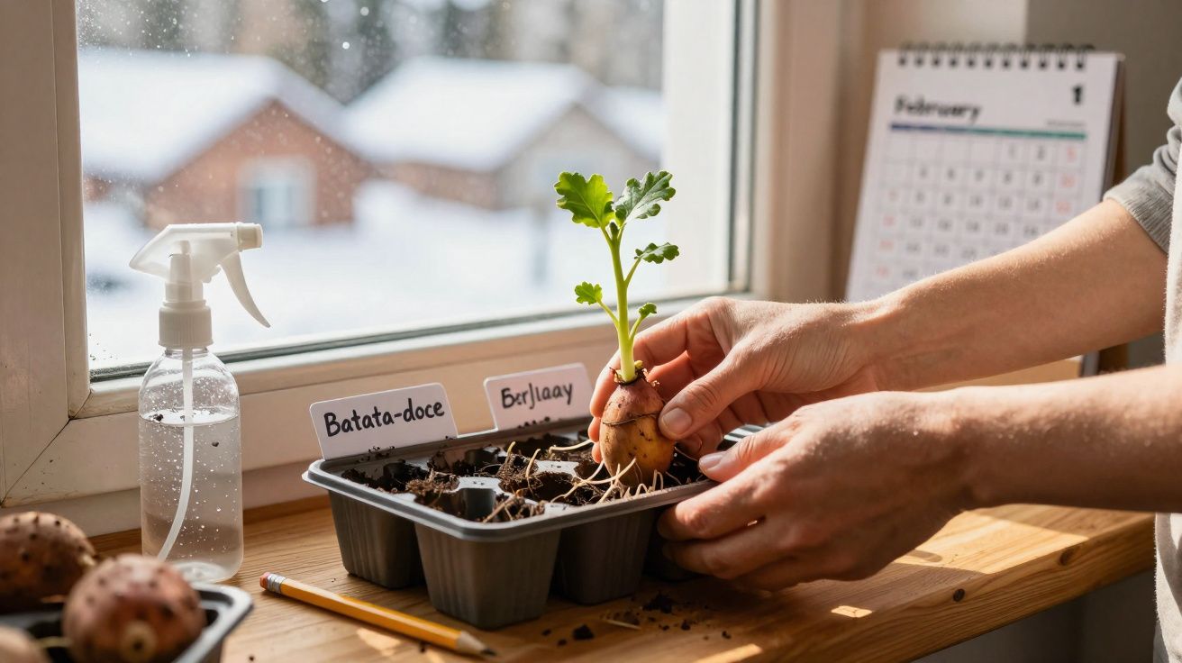 Pessoa a plantar batata-doce num vaso com terra, junto a uma janela com vista para neve e calendário de fevereiro.