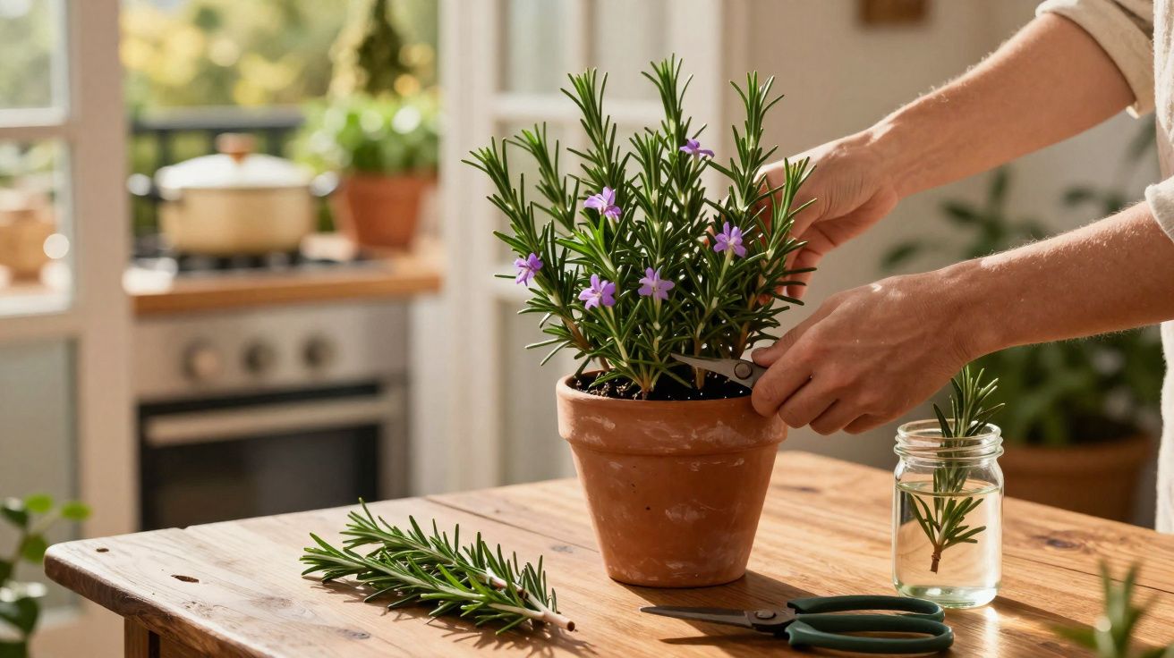 Mãos a podar um ramo de alecrim com flores lilases num vaso de barro, sobre uma mesa de madeira na cozinha.