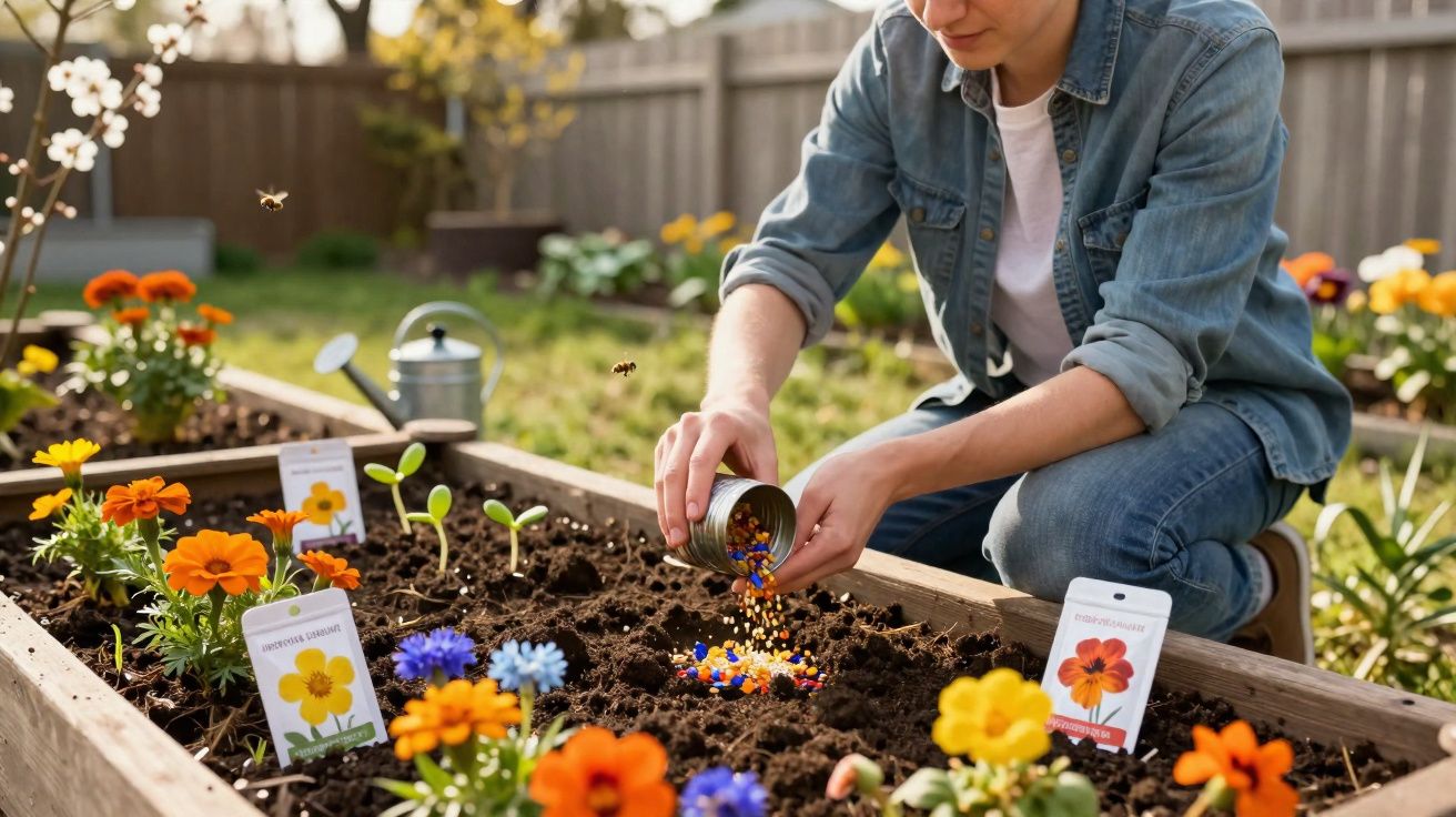 Pessoa a semear flores coloridas num jardim com canteiro de madeira e abelhas a voar.