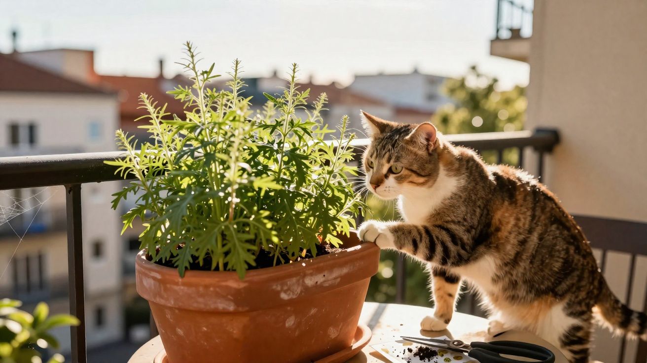 Gato branco e tigrado a tocar numa planta num vaso de barro numa varanda ensolarada.