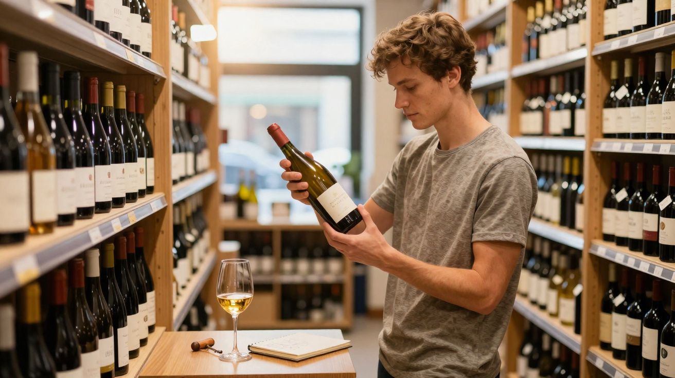 Homem a examinar garrafa de vinho numa loja com prateleiras cheias e uma taça de vinho branco à frente.