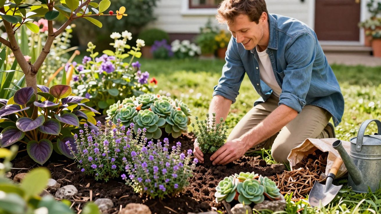 Homem a plantar ervas aromáticas num jardim com suculentas e flores coloridas ao ar livre.