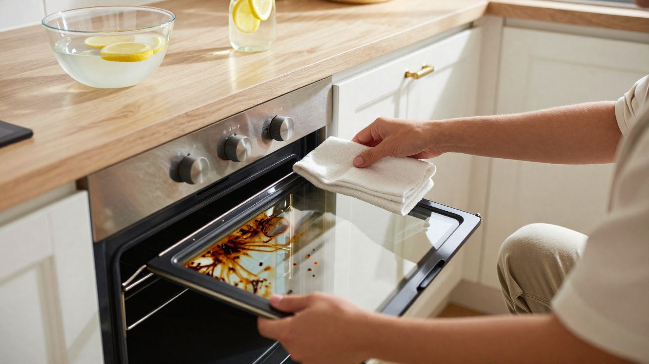 Pessoa a limpar a porta de vidro suja de um forno na cozinha com um pano branco.