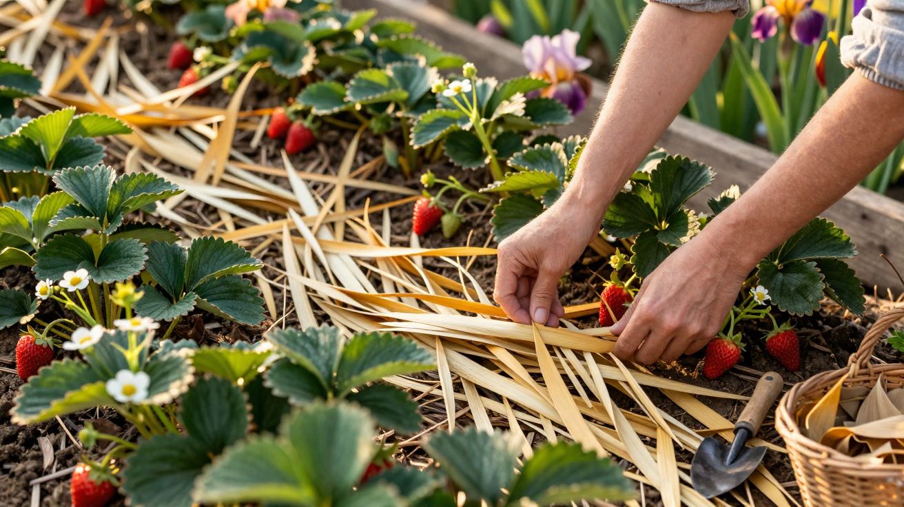 Mãos a cobrir plantas de morango com palha num jardim, com morangos vermelhos e flores brancas.