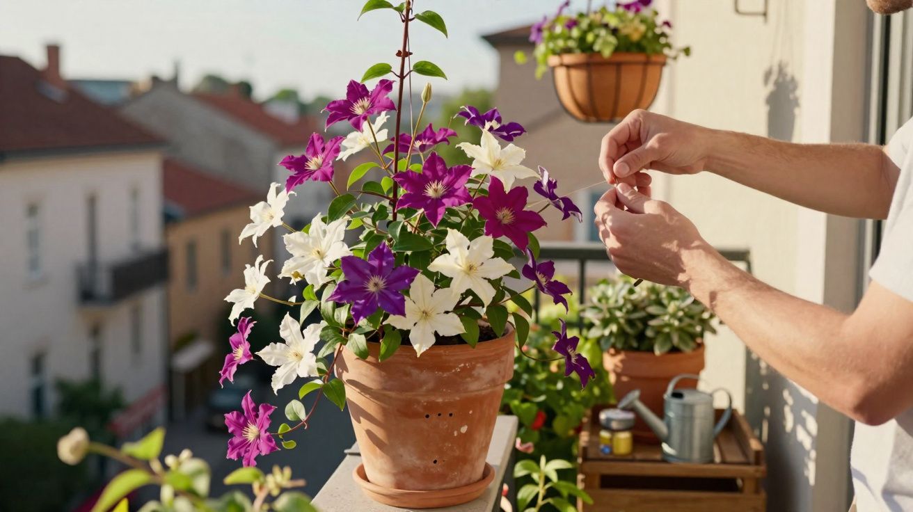 Mãos a cuidar de flores brancas e roxas num vaso de barro numa varanda iluminada pelo sol.