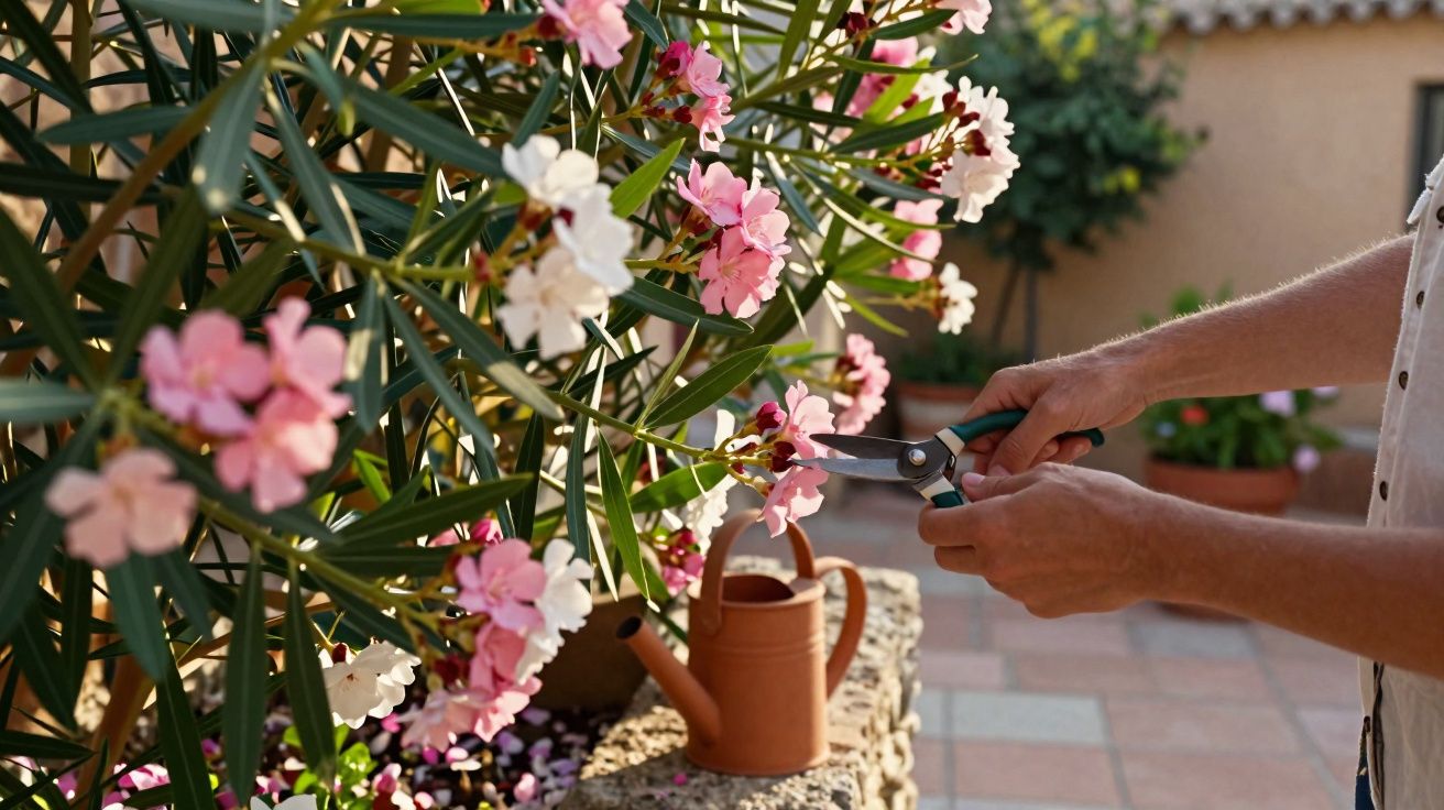 Pessoa a podar flores rosas e brancas numa planta com tesoura de jardinagem num jardim ensolarado.