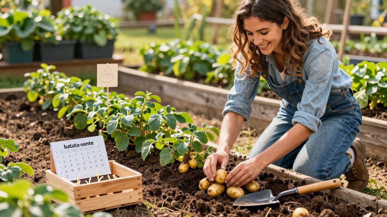Mulher a colher batatas num horta biológica com canteiros e caixa de madeira ao lado.