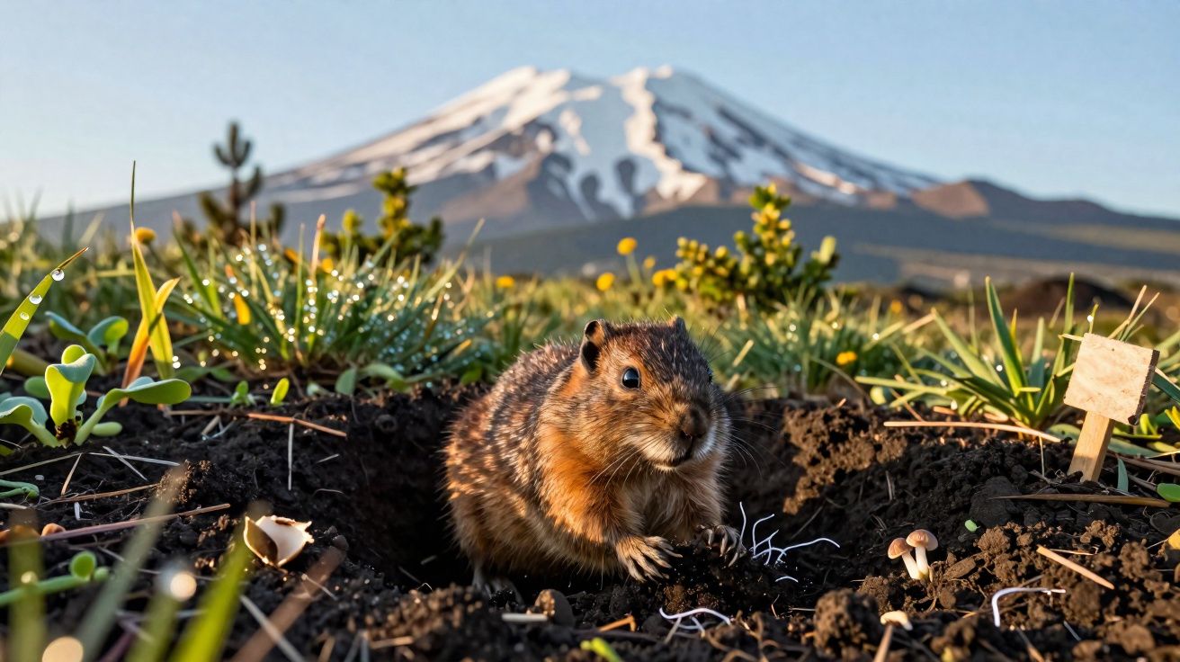 Roedor junto a um buraco no solo com vegetação, cogumelos e montanha nevada ao fundo ao amanhecer.