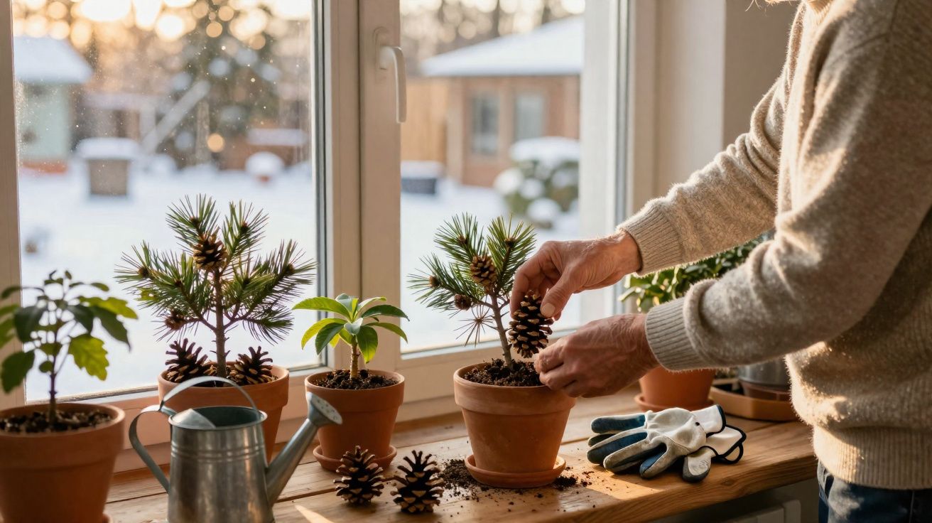 Pessoa a colocar pinha em vaso com planta junto a janela com várias plantas e neve lá fora.