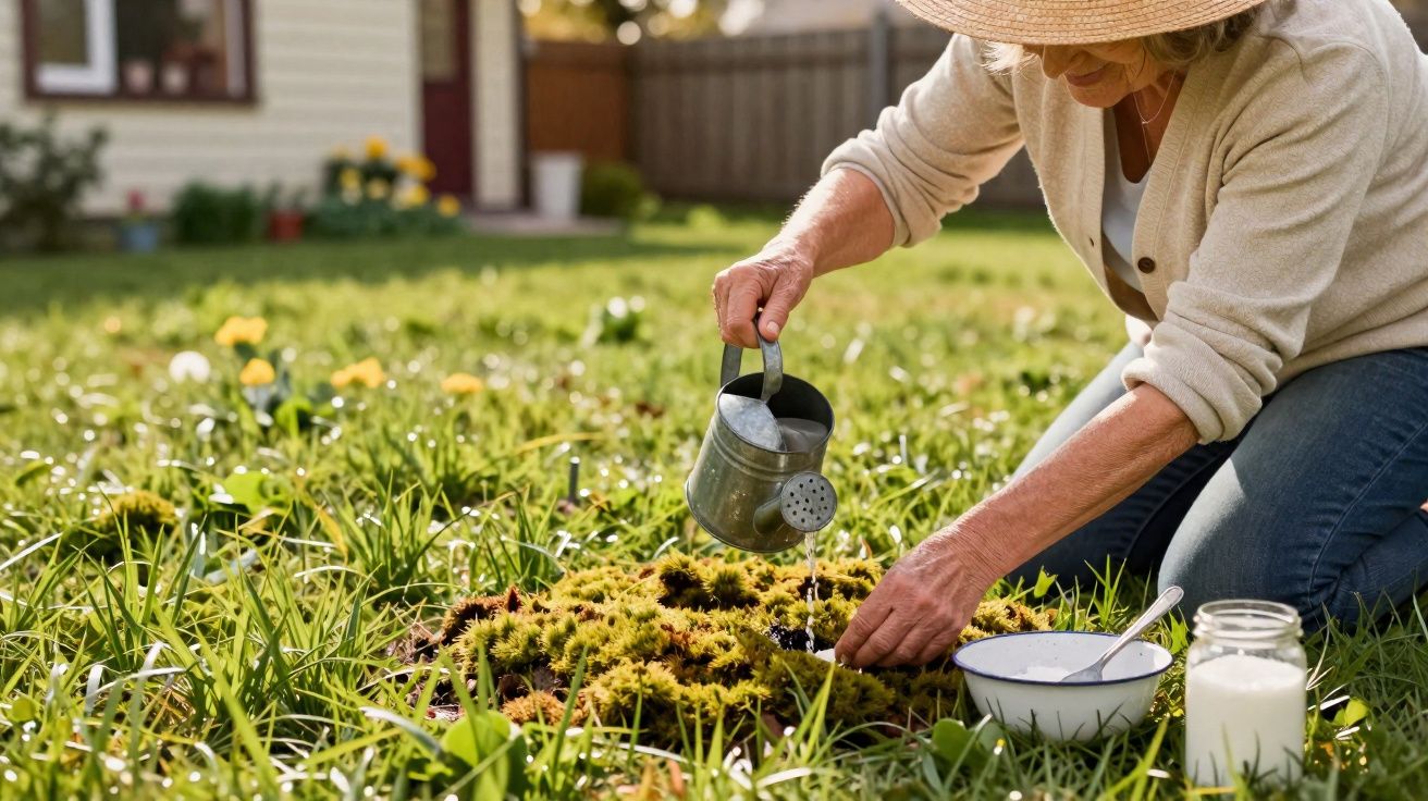 Pessoa idosa rega plantas num jardim com regador metálico, usando chapéu e roupa casual.