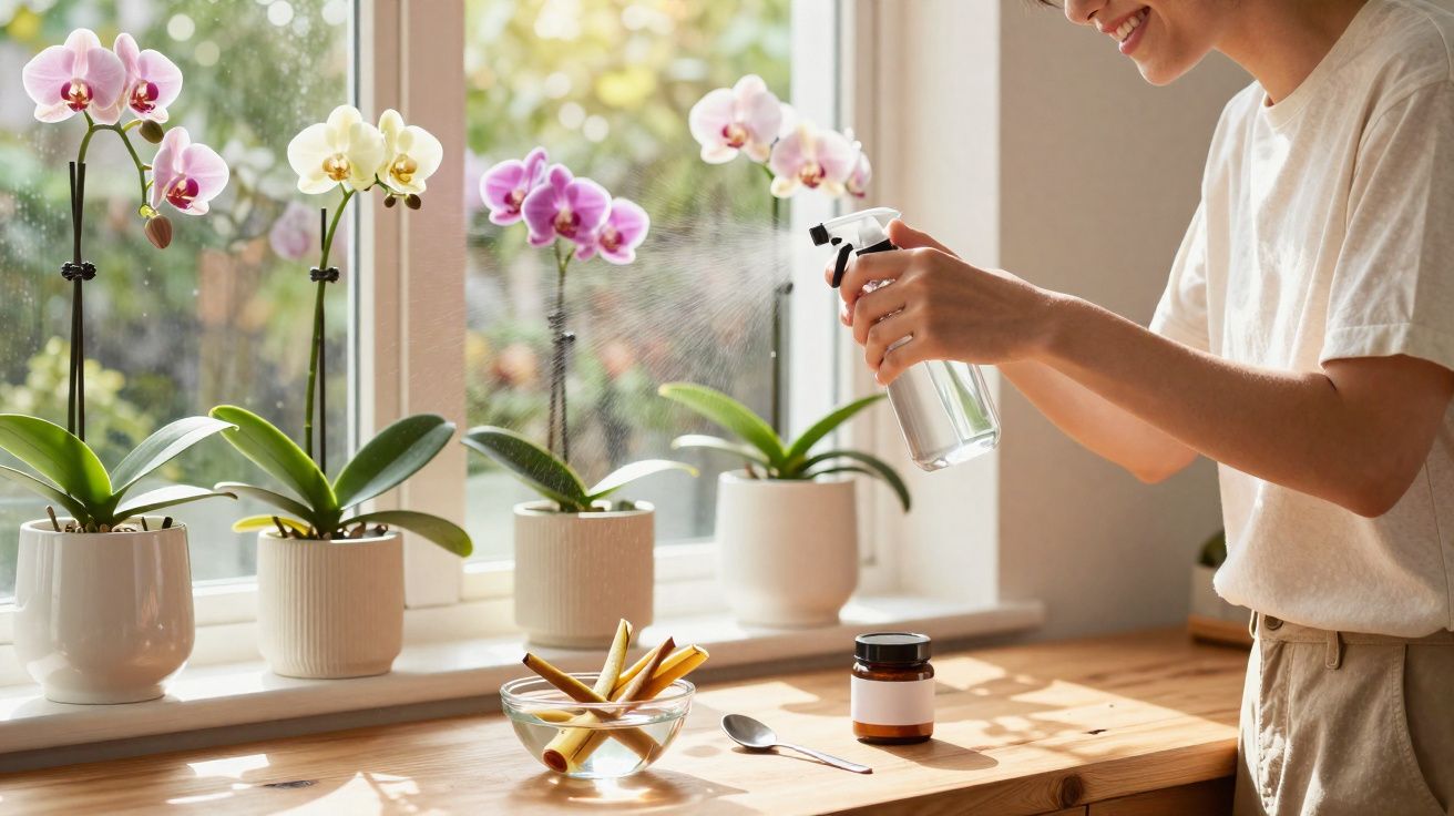 Pessoa a pulverizar orquídeas em vasos brancos numa janela iluminada pelo sol.