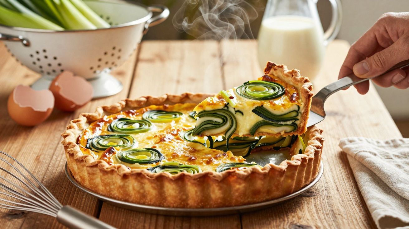 Tarte quente com rodelas de courgette e queijo, sendo servida numa espátula numa mesa de madeira.