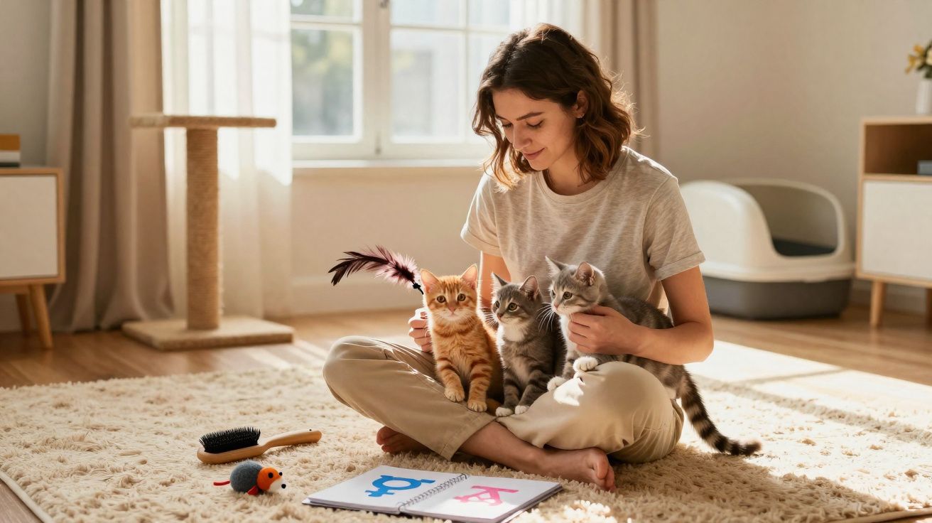 Mulher sentada no chão a brincar com três gatinhos num quarto iluminado e acolhedor.