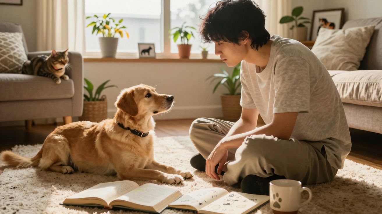 Pessoa sentada no chão com cão golden retriever à sua frente, livros abertos e gato no sofá ao fundo.