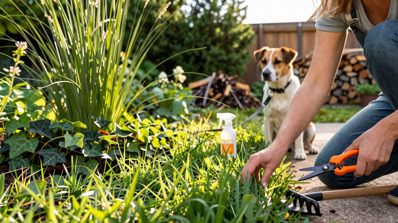 Pessoa a aparar plantas num jardim com um cão ao fundo junto a uma cerca de madeira.
