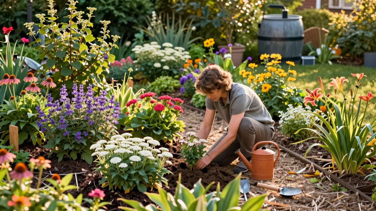 Pessoa a cuidar e plantar flores num jardim colorido ao ar livre durante o dia.