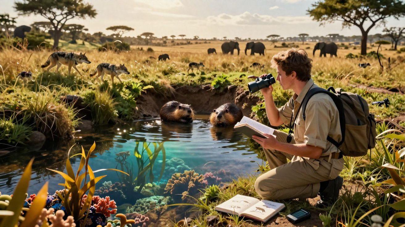 Homem observa animais selvagens junto a lago, com binóculos e livros, numa savana com elefantes e lobos ao fundo.