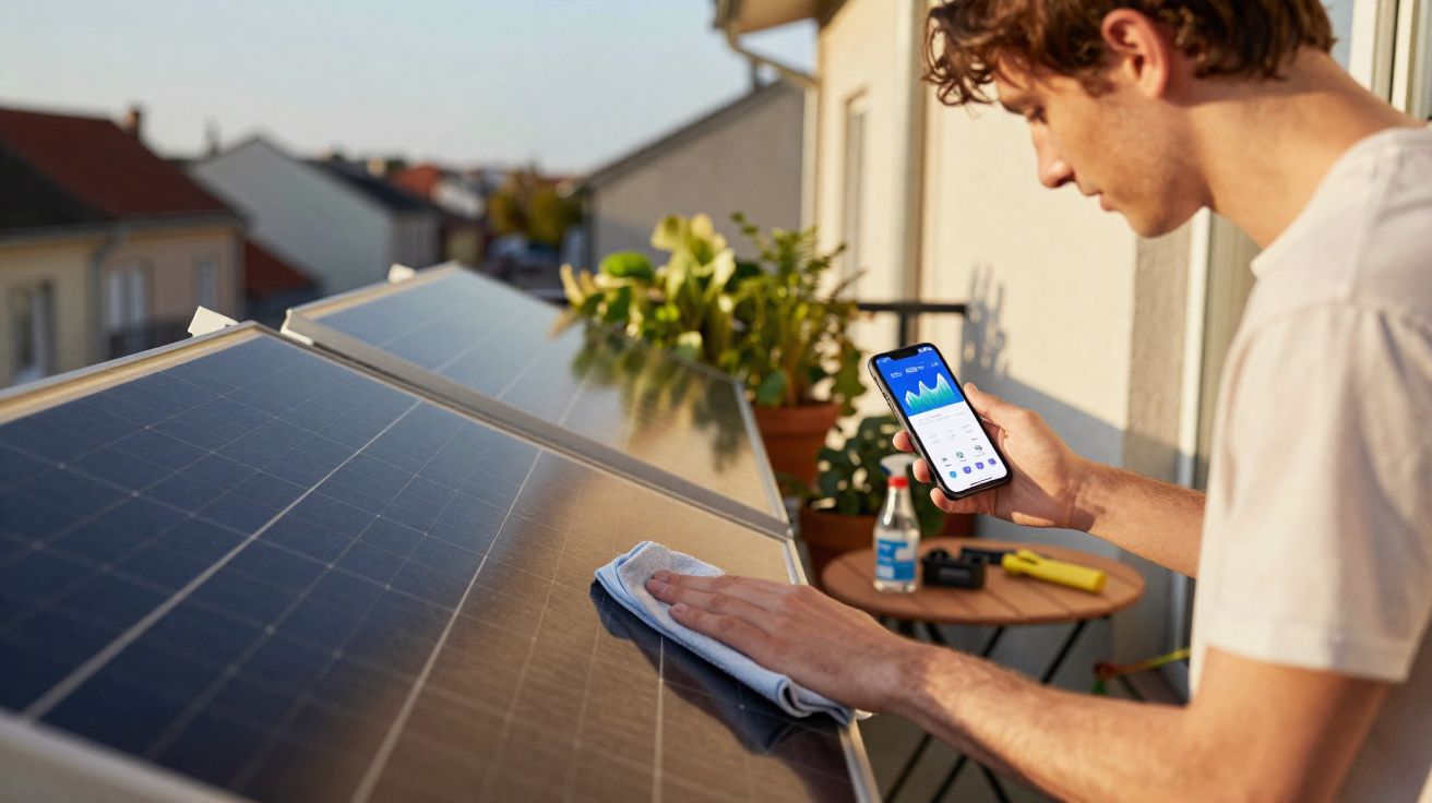Homem a limpar painéis solares enquanto verifica dados de produção no telemóvel numa varanda.