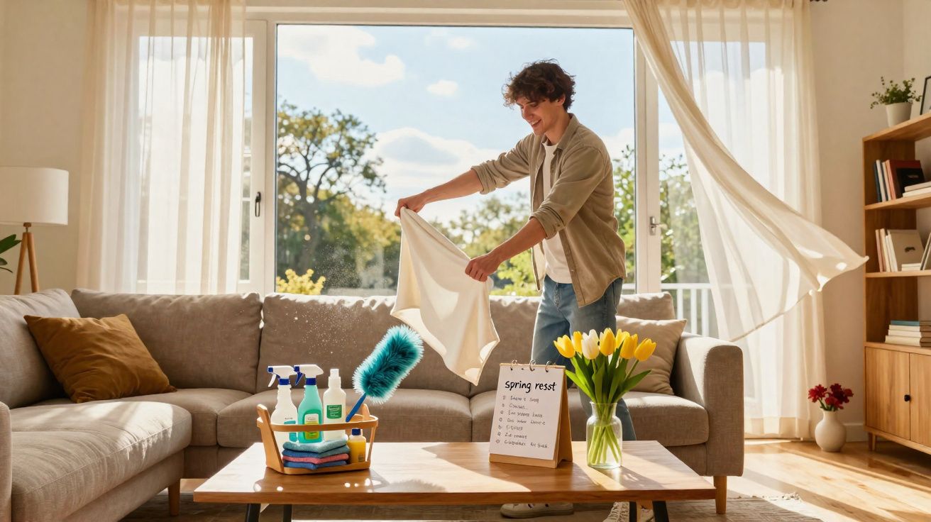 Pessoa a arrumar casa com janela aberta e cortinas ao vento numa sala luminosa.