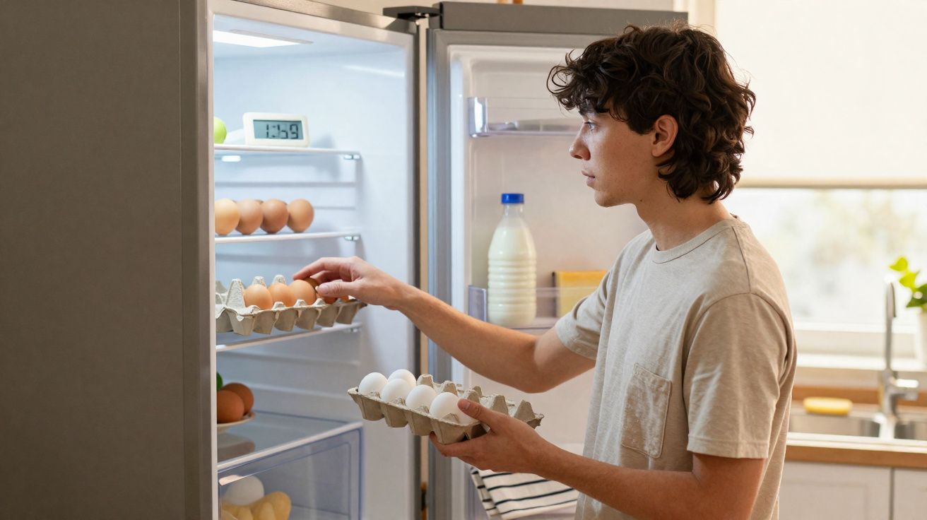 Jovem a guardar ovos no frigorífico aberto numa cozinha luminosa durante o dia.