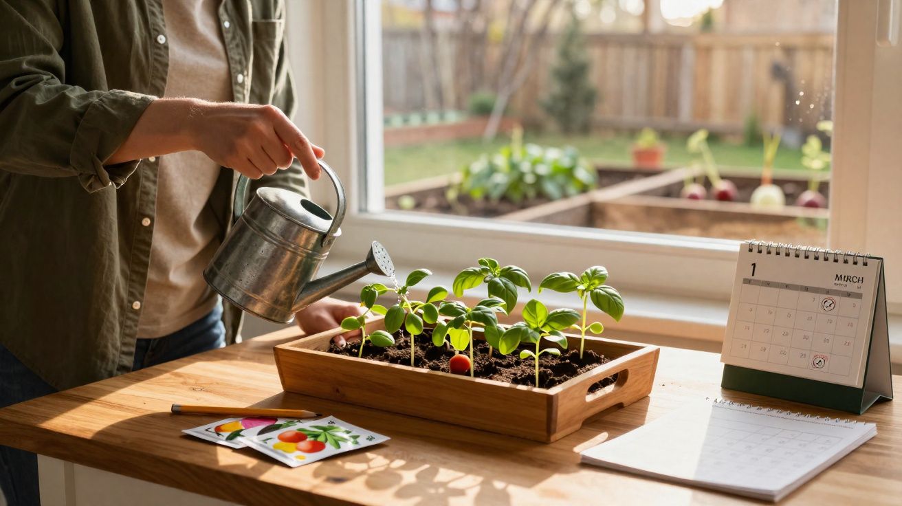 Pessoa a regar plantas jovens num tabuleiro de madeira próximo a uma janela com calendário de março.