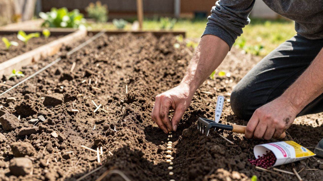 Pessoa a semear sementes em sulco de terra numa horta ao ar livre, com ancinho pequeno ao lado.
