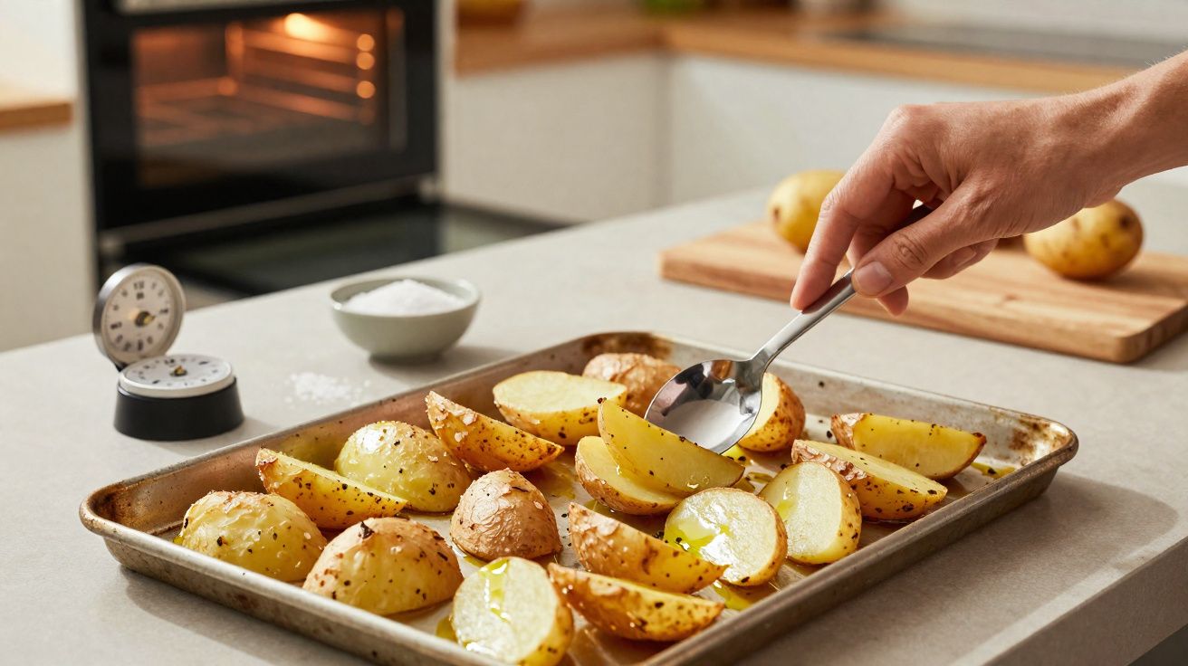 Potatoes cortadas e temperadas numa forma de forno, com uma mão a regar com colher, num ambiente de cozinha.