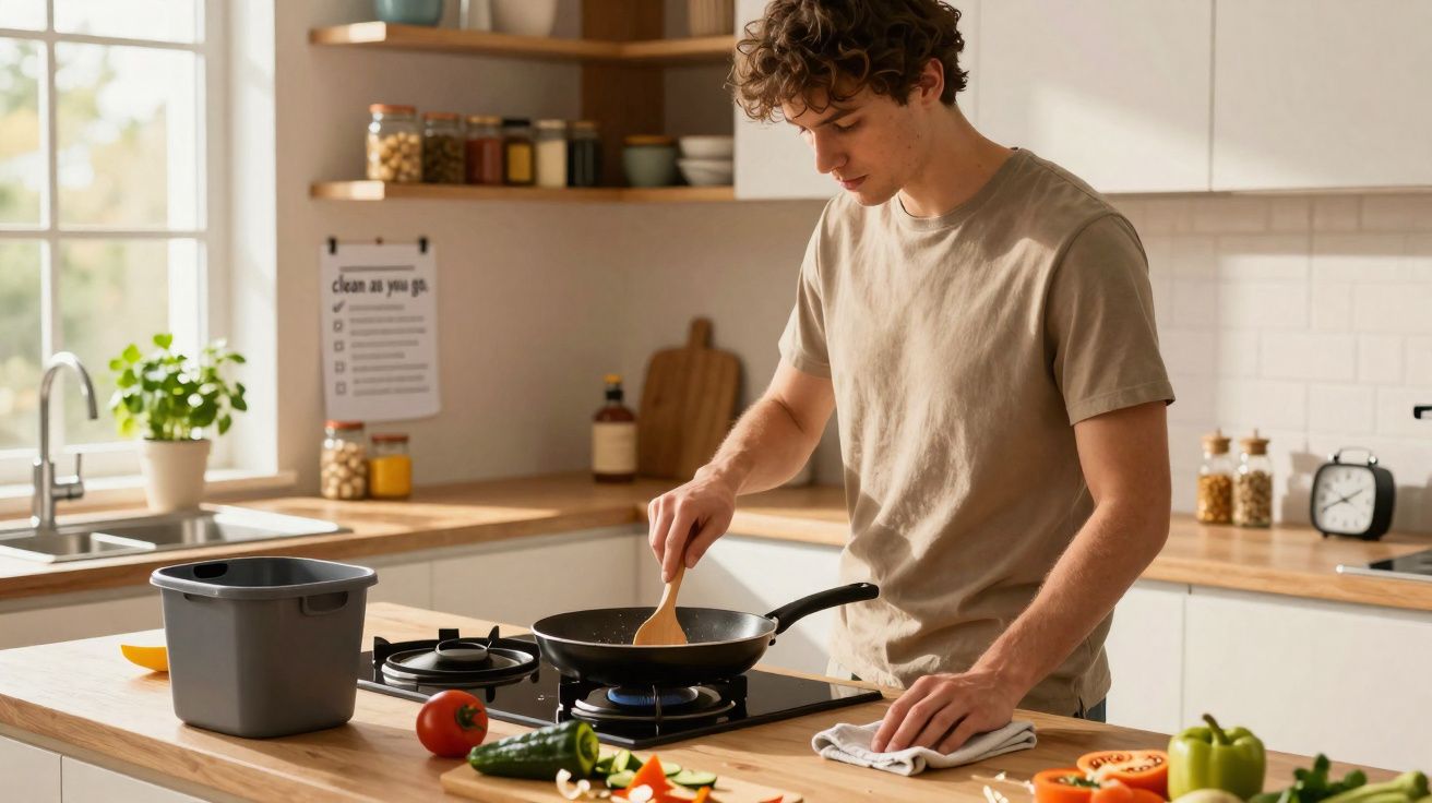 Jovem a cozinhar numa cozinha moderna com legumes frescos sobre o balcão de madeira.