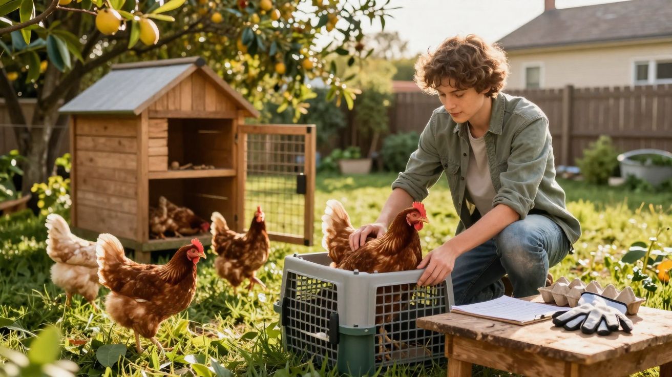 Jovem a cuidar de galinhas num jardim com galinheiro ao fundo ao entardecer.