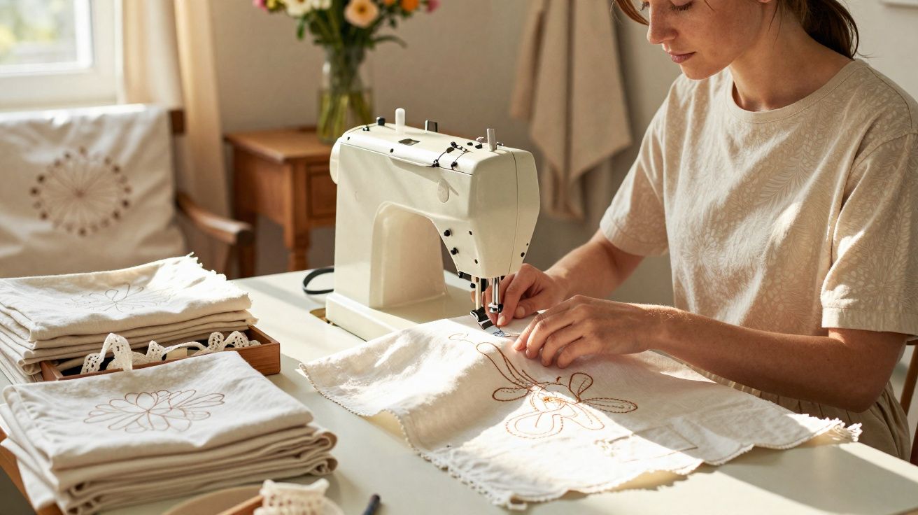 Mulher a bordar tecido com máquina de costura num ambiente luminoso e sereno.