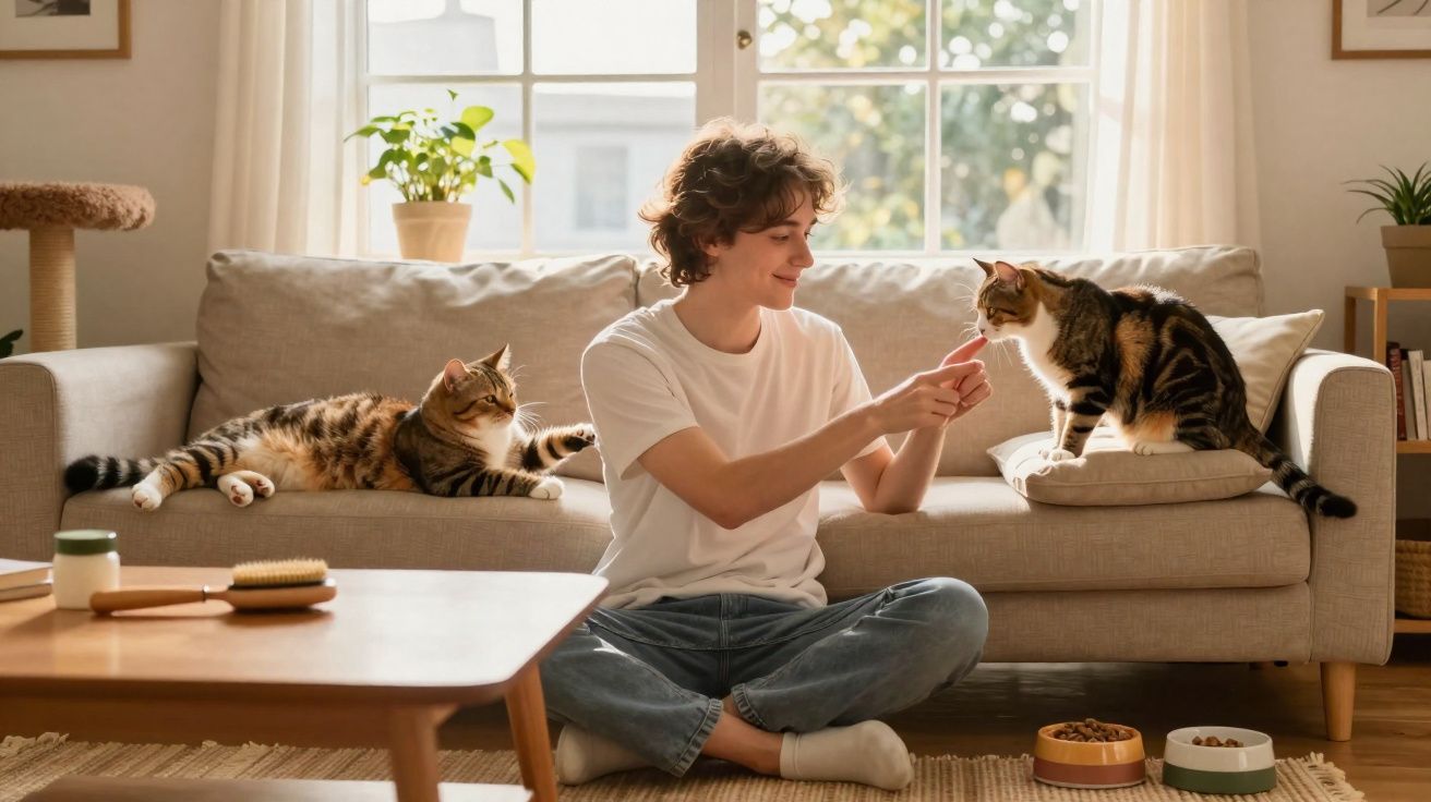Jovem sentado no chão a brincar com dois gatos no sofá, em sala iluminada e acolhedora.