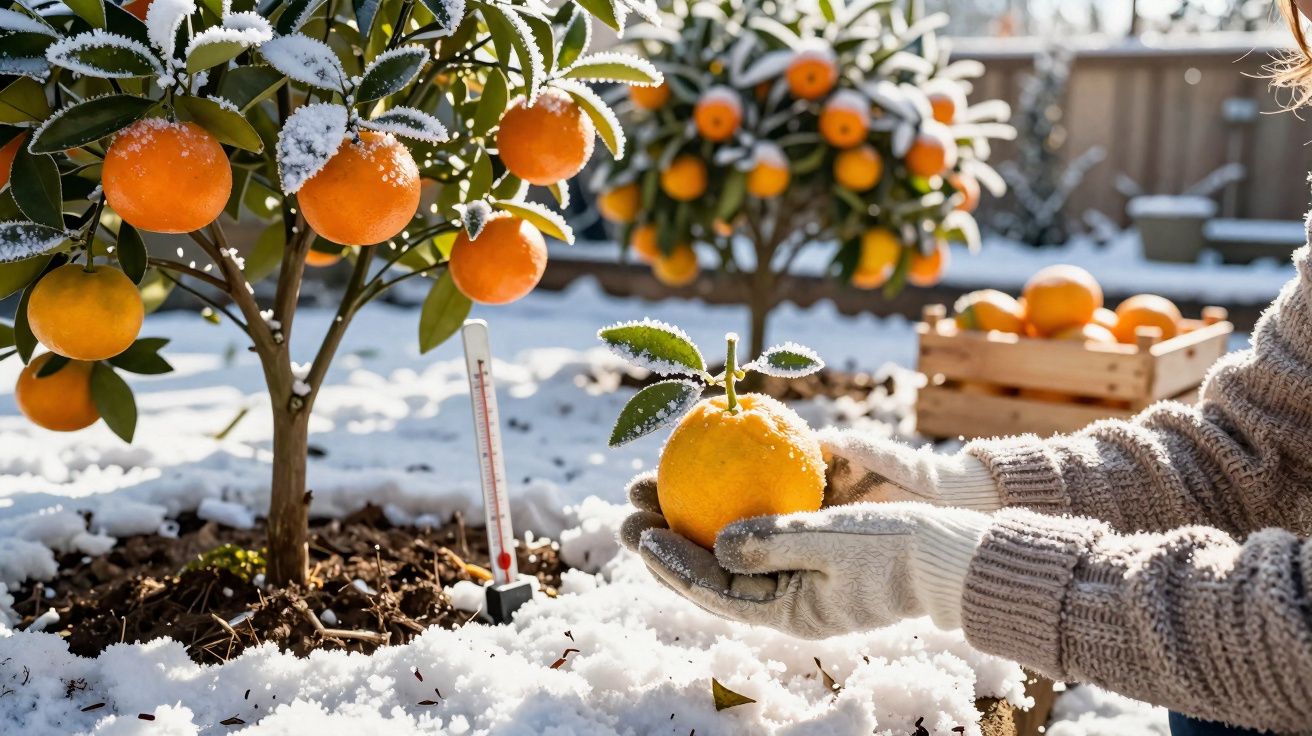 Pessoas de luvas a colher laranjas em árvores cobertas de geada e neve no chão de inverno.