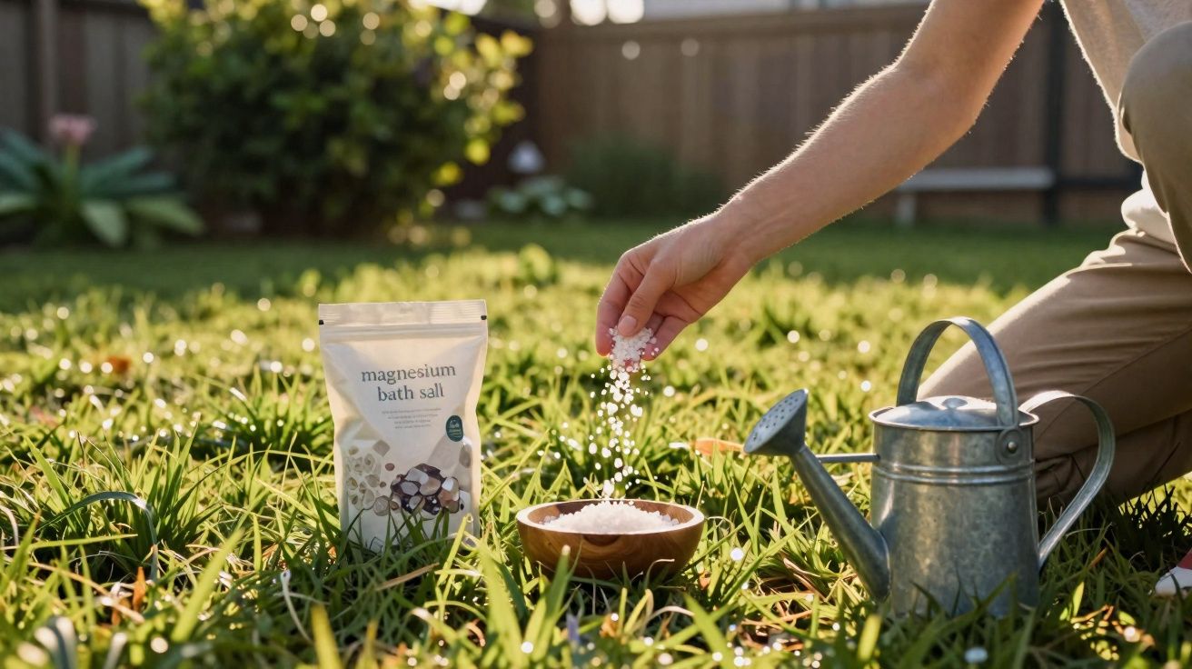 Pessoa de joelhos no relvado a despejar sal de magnésio numa taça de madeira junto a um regador metálico.