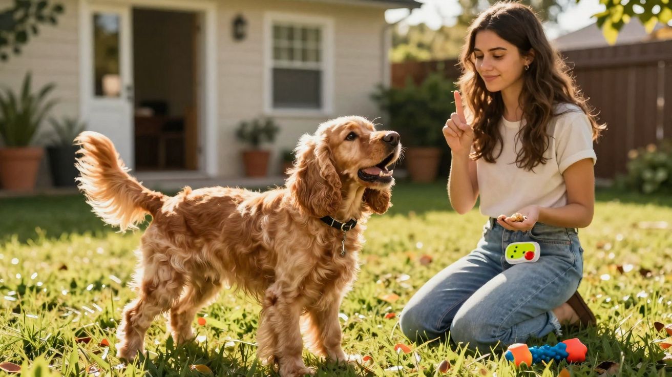Rapaz a treinar um cão castanho num jardim com brinquedos espalhados na relva.