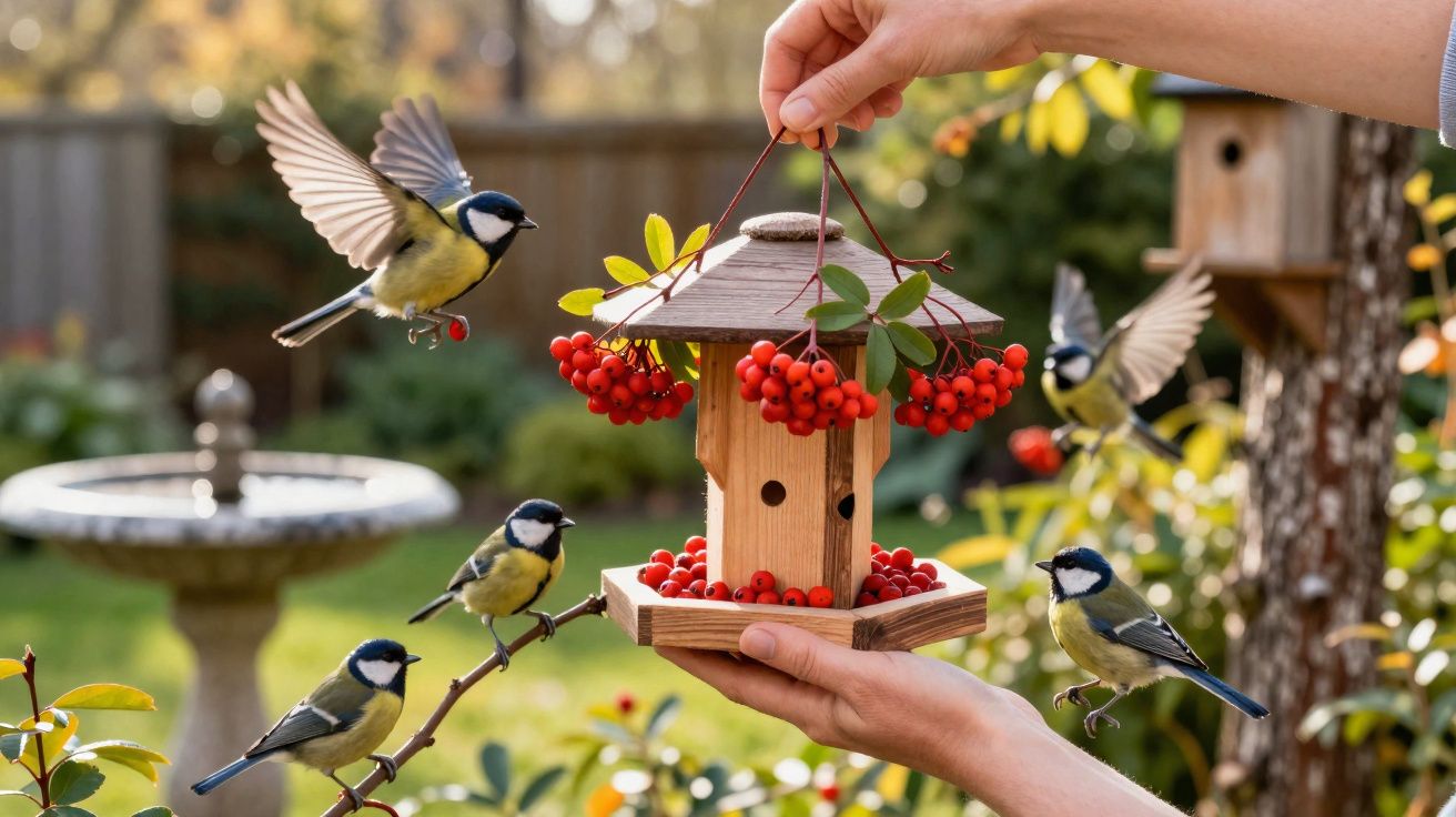 Pássaros a ser alimentados num comedouro de madeira decorado com cachos de bagas vermelhas, em jardim.