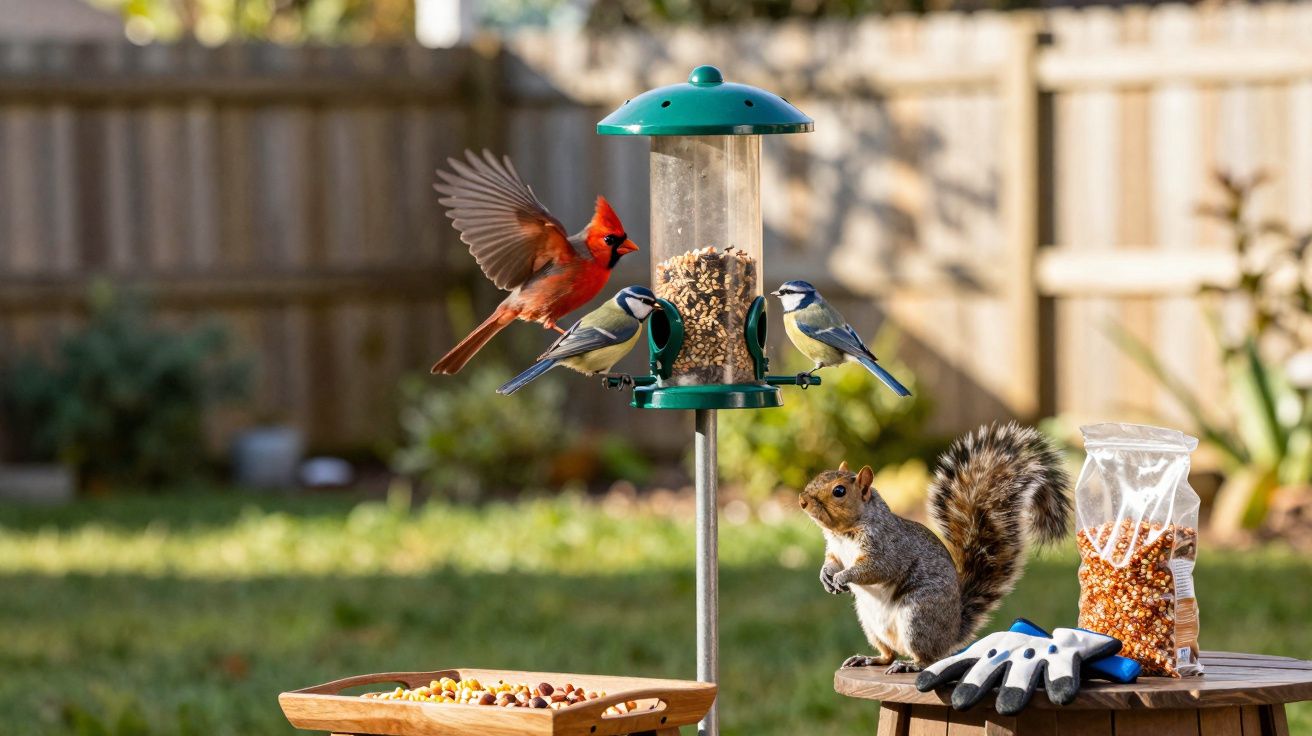 Pássaros e um esquilo alimentam-se em comedouros de jardim num dia ensolarado.