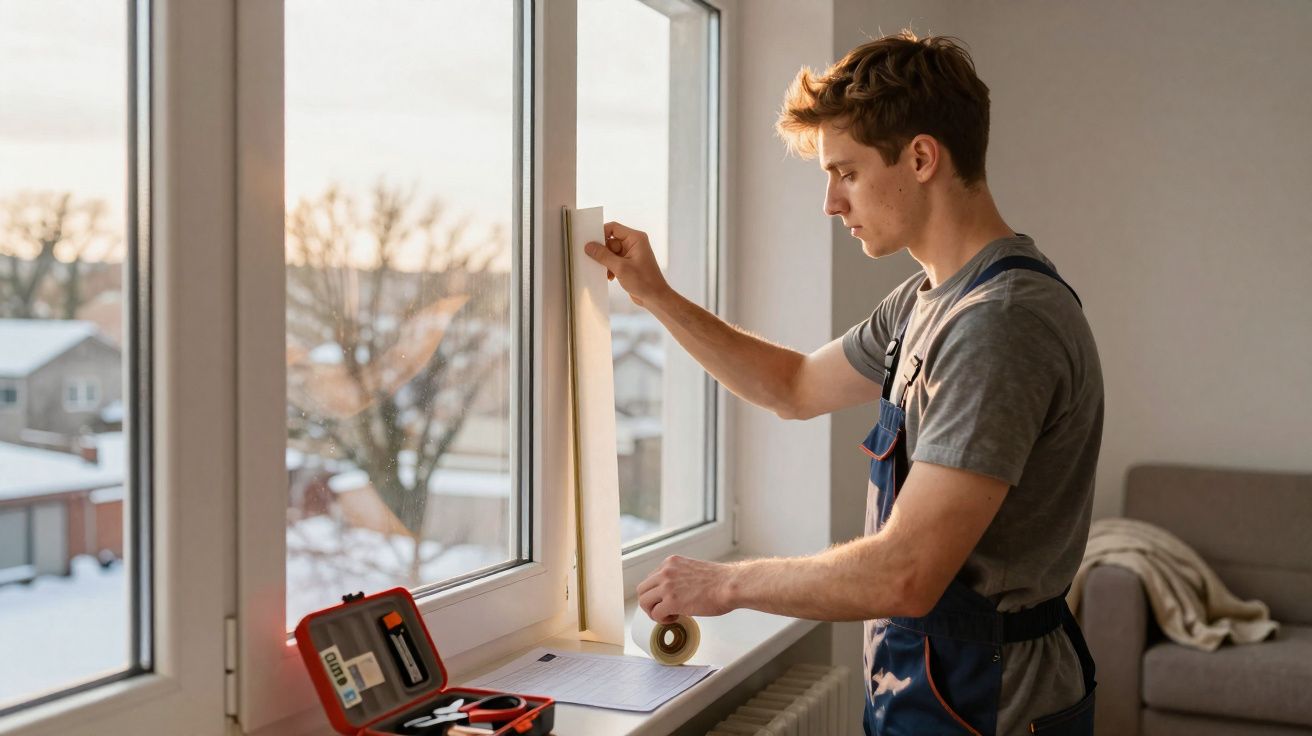 Homem a instalar fita isolante numa janela em ambiente interior com ferramentas numa caixa vermelha.