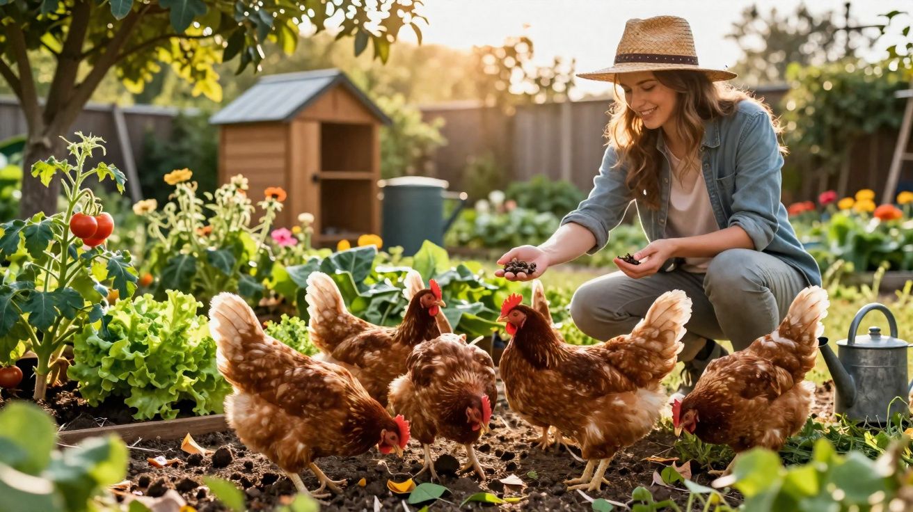 Mulher de chapéu a alimentar galinhas numa horta ensolarada com flores e legumes.