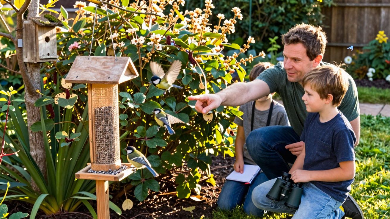 Homem e duas crianças observam e alimentam pássaros num alimentador de madeira num jardim ensolarado.
