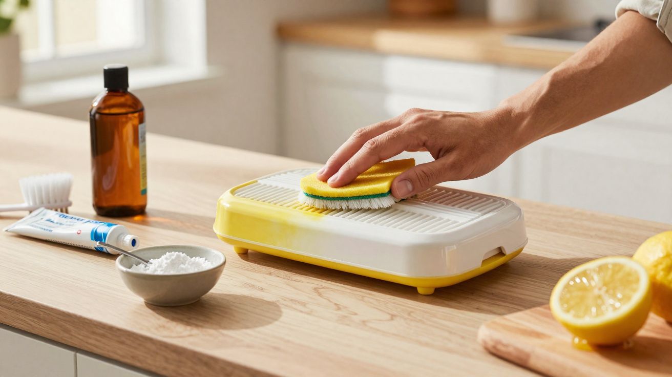 Mão a esfregar uma esponja amarela numa escova de lavar legumes numa bancada de cozinha com ingredientes naturais.