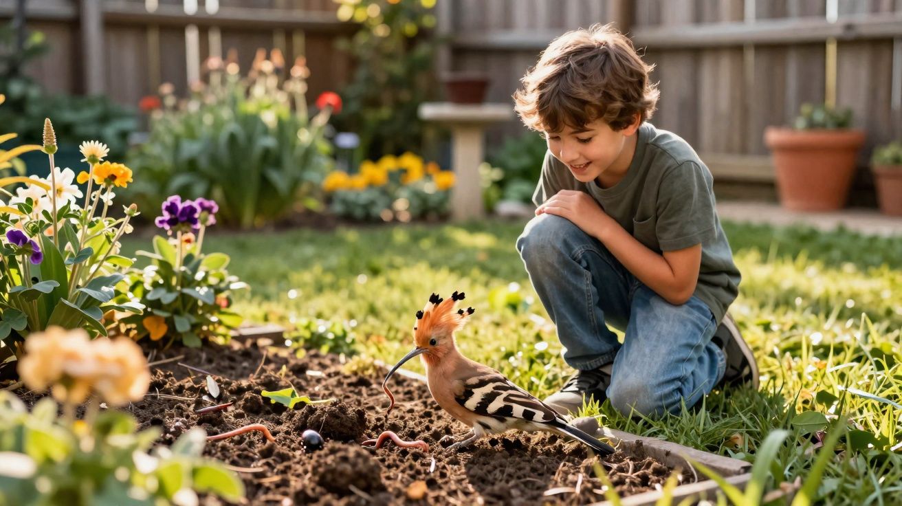 Menino agachado no jardim a observar um peneireiro segurando uma minhoca no bico junto à terra.