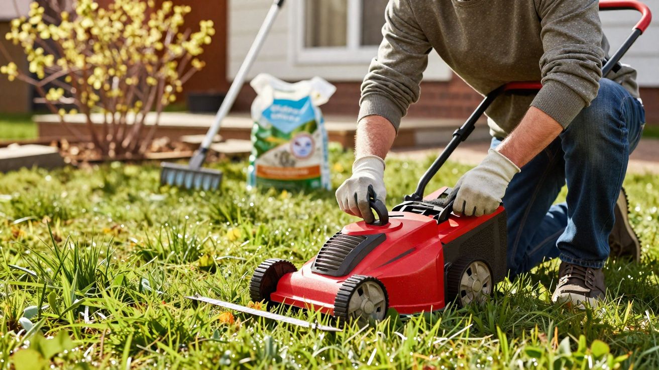 Pessoa a ajustar um cortador de relva vermelho num jardim com relva alta, com fertilizante e ancinho ao fundo.