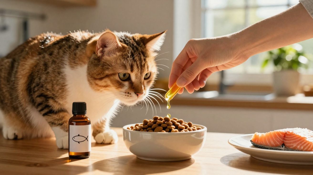 Gato a ser alimentado com comida seca e suplemento em óleo numa cozinha iluminada.