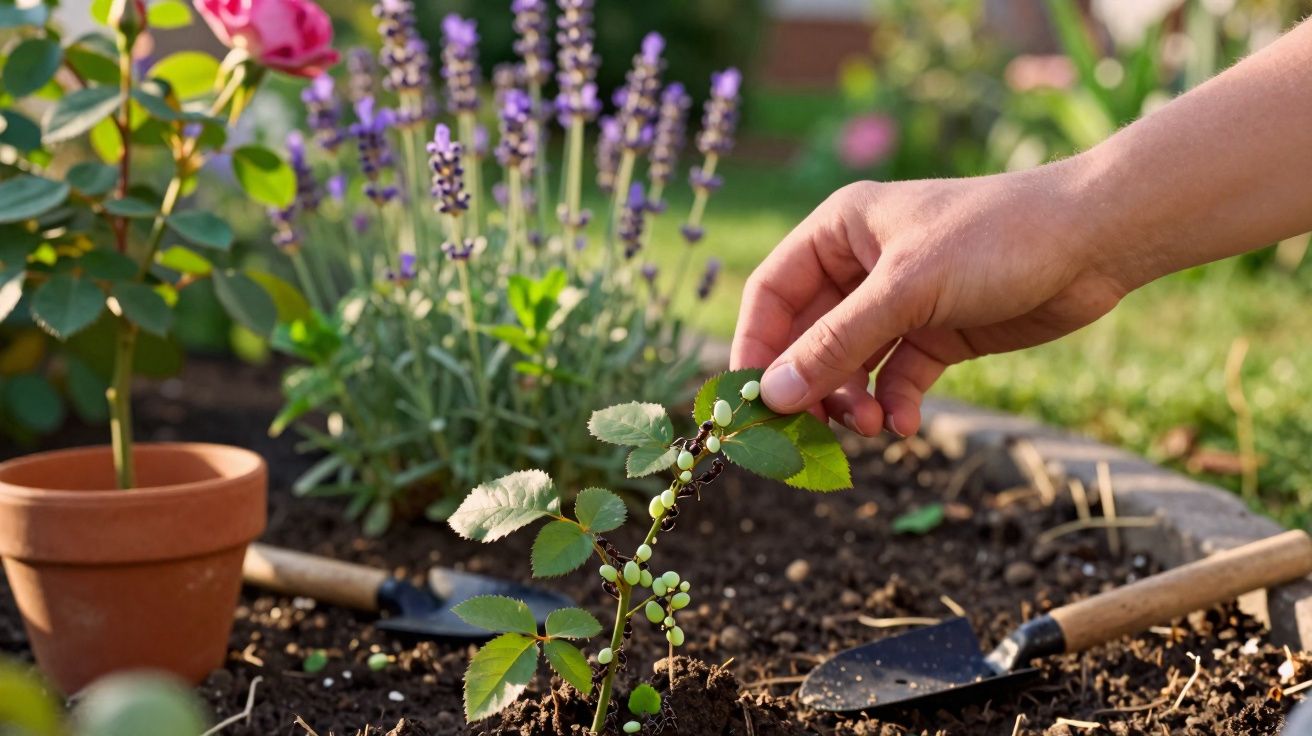 Mão a cuidar de planta jovem com bagas verdes num canteiro, com flores e ferramentas de jardinagem.