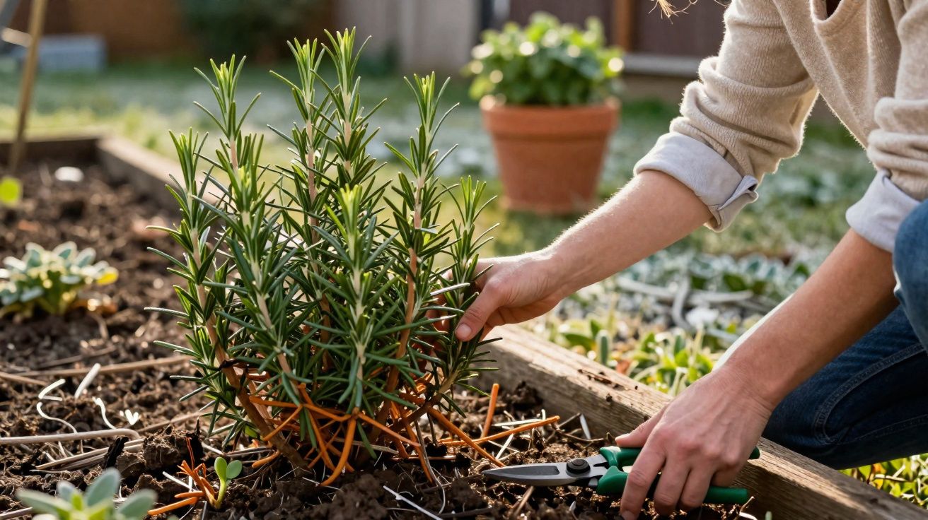 Pessoa a cuidar e podar um pé de alecrim num canteiro de jardim, com tesoura de poda.