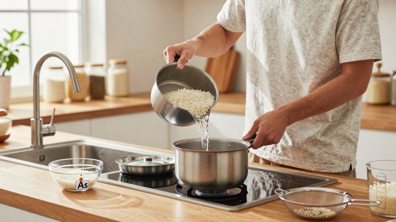 Pessoa a verter arroz e água numa panela numa cozinha moderna e iluminada.